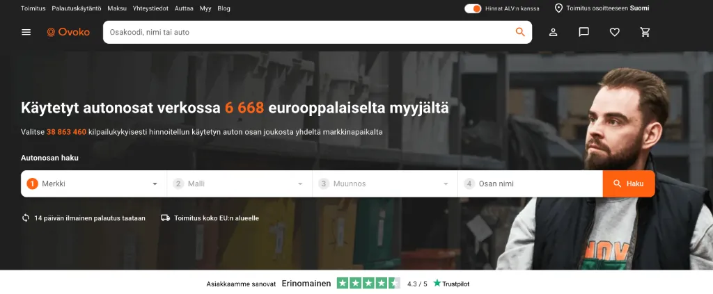 Ovoko verkkokaupan etusivu ja tuotehaku puskurille tai valolle